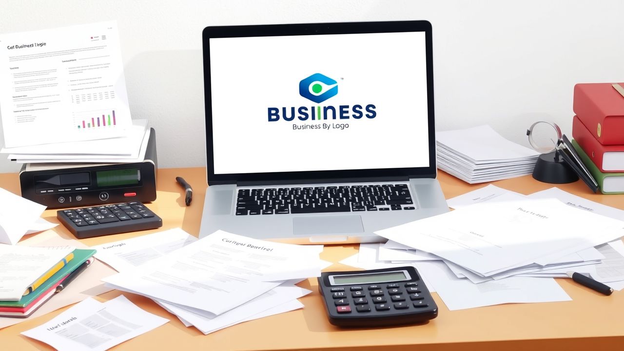 Een rommelig bureau met laptop, papieren en rekenmachine. Een rommelig bureau met laptop, papieren en rekenmachine.