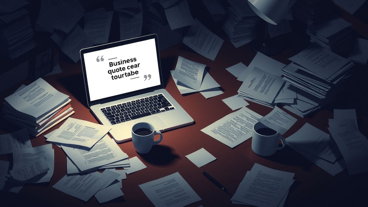 Een rommelig kantoorbureau met een open laptop, koffiekopje en verspreide papieren.