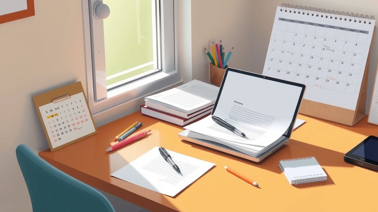 Een eenvoudige werkplek met laptop, papieren en kantoorbenodigdheden.