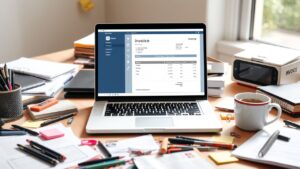 Een open laptop toont professionele factureringssoftware op een rommelig bureau.