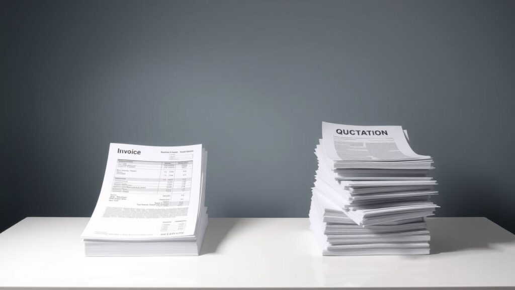 Een overladen kantoorbureau met facturen en offertedocumenten.