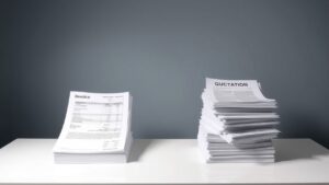Een overladen kantoorbureau met facturen en offertedocumenten.