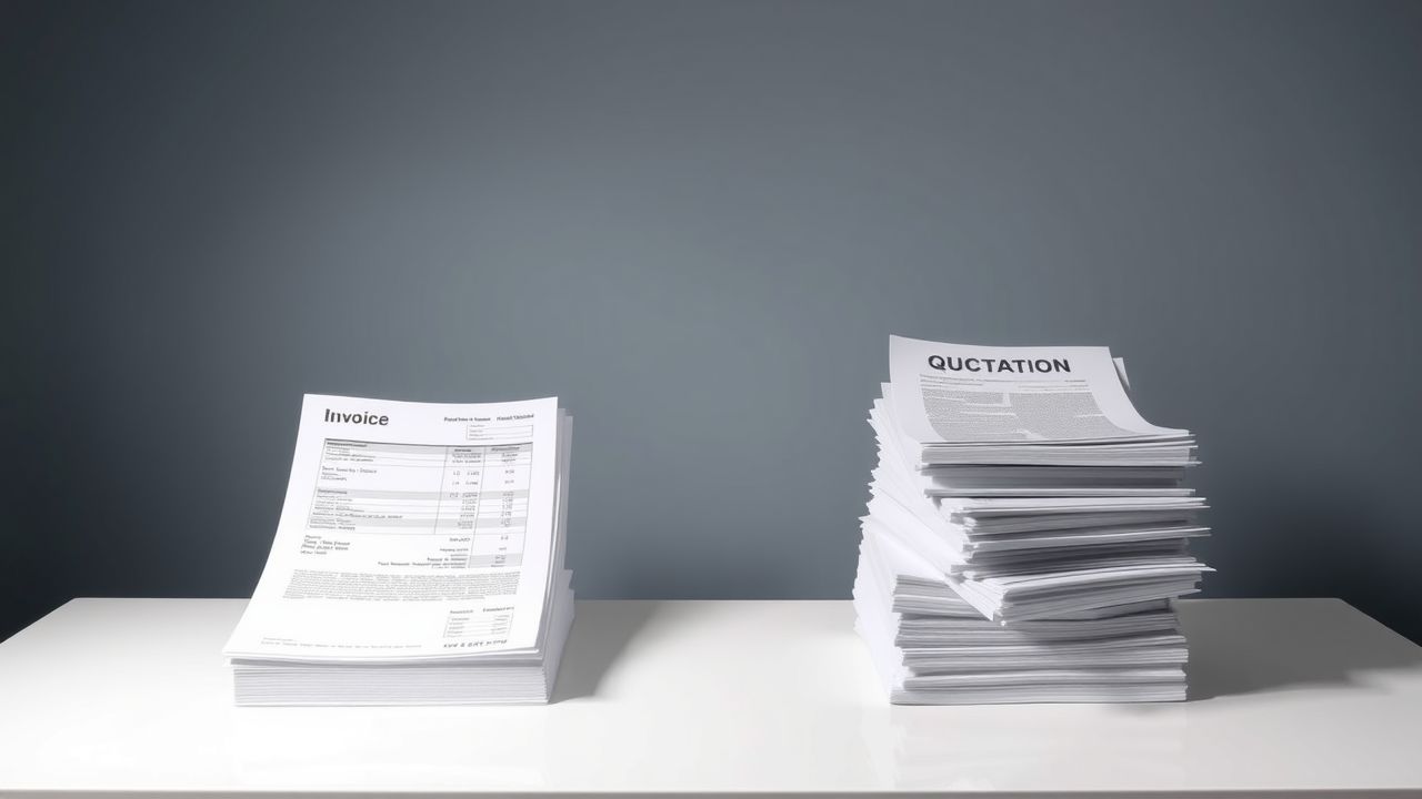 Een overladen kantoorbureau met facturen en offertedocumenten.