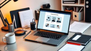 Een georganiseerde en professionele werkplek met een open laptop en kantoorbenodigdheden.