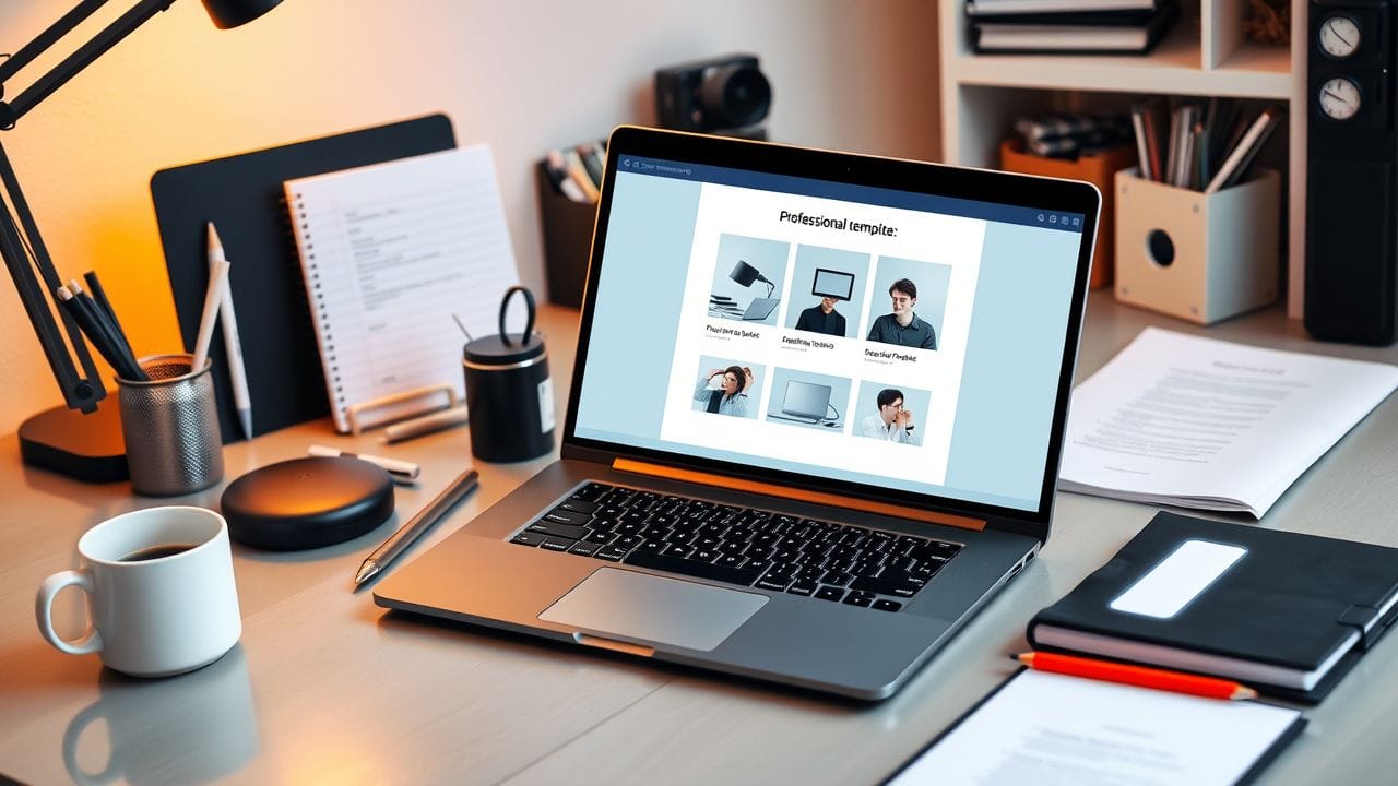 Een georganiseerde en professionele werkplek met een open laptop en kantoorbenodigdheden.