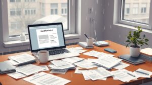 Een rommelig kantoorbureau met een laptop, koffiekopje en plant.