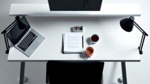 Een moderne, georganiseerde werkplek met laptop en koffie.