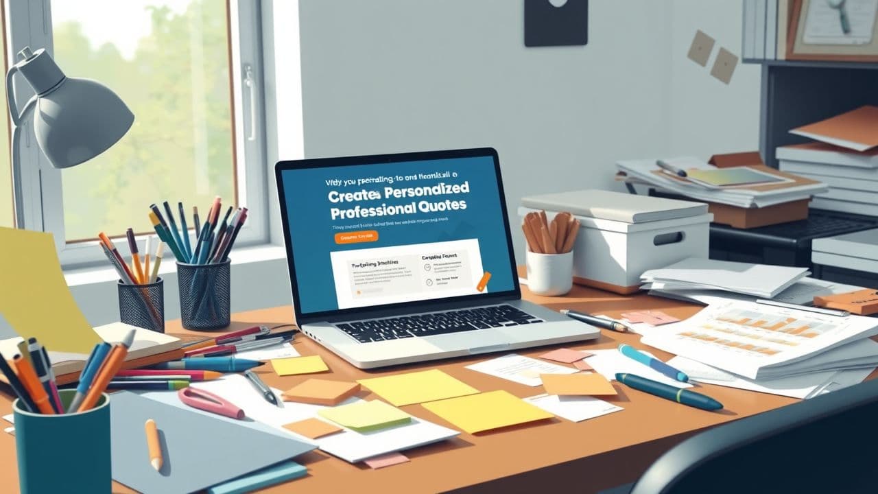 Een rommelig bureau met een open laptop en kantoorbenodigdheden.