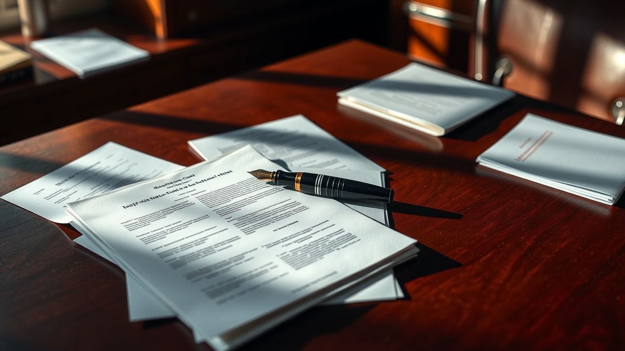 Een stapel contracten en documenten ligt verspreid over een mahoniehouten bureau, met een vintage vulpen er bovenop.