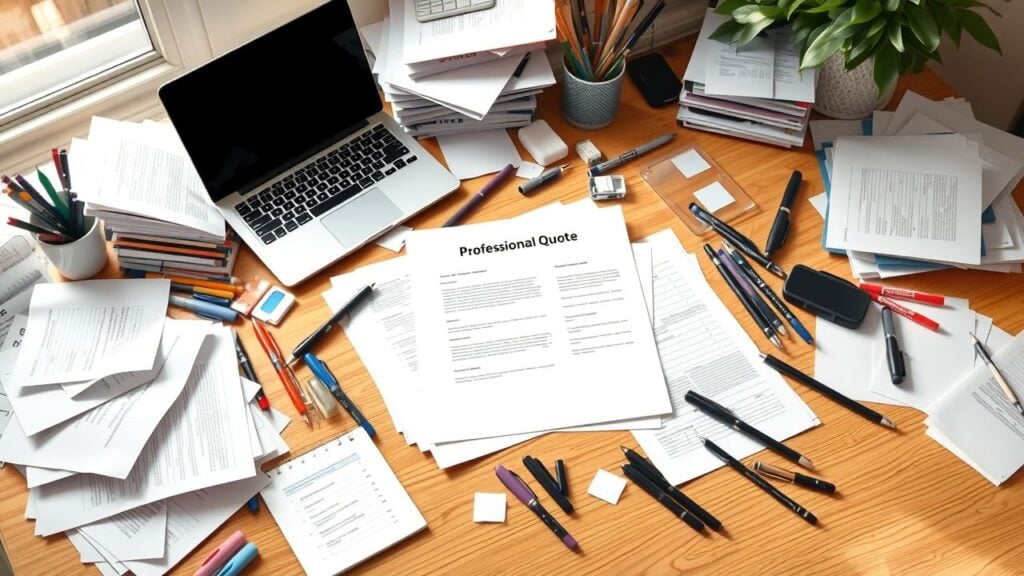 Een rommelig bureau met papers, pennen en laptop voor het maken van een offerte.