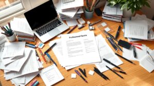 Een rommelig bureau met papers, pennen en laptop voor het maken van een offerte.