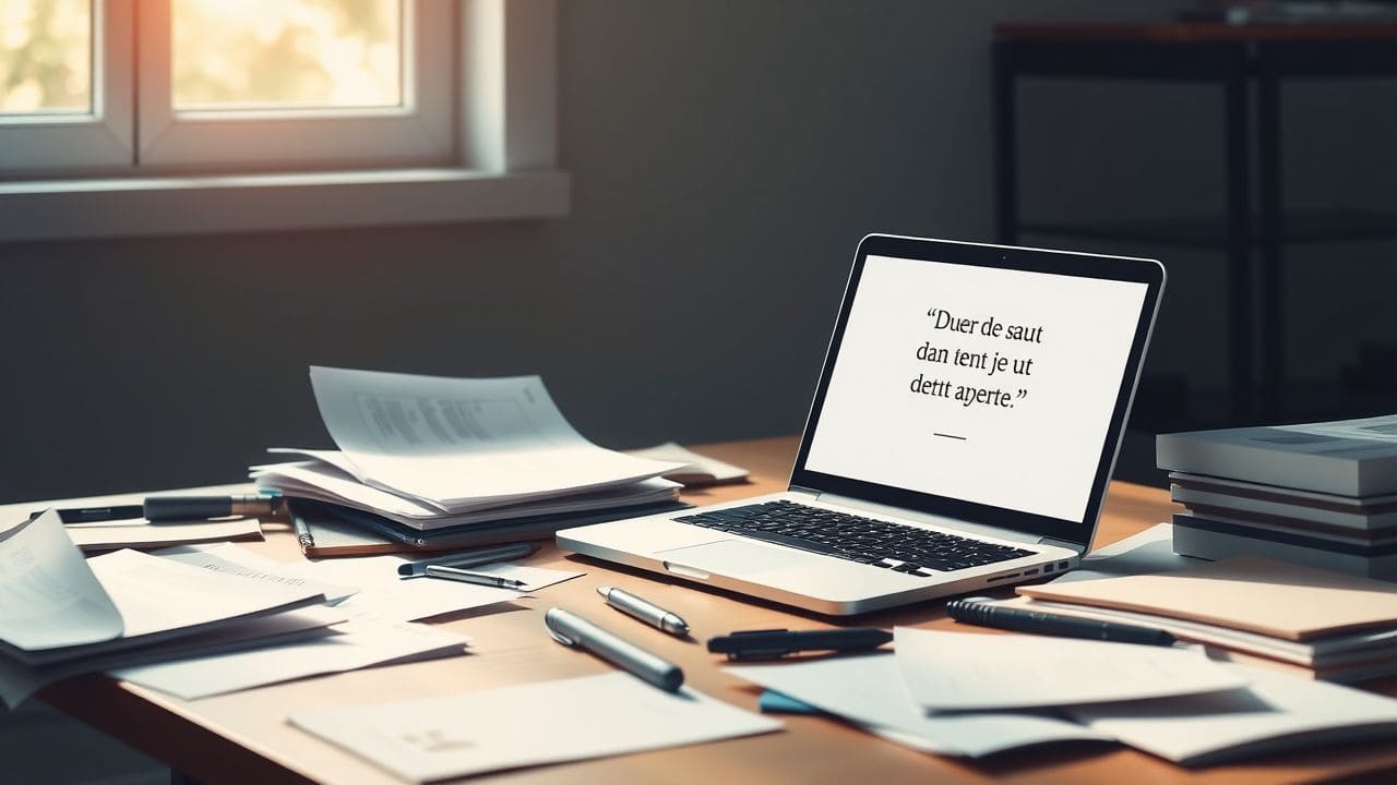 Een rommelig bureau met open laptop, papers en pennen. Een rommelig bureau met open laptop, papers en pennen.