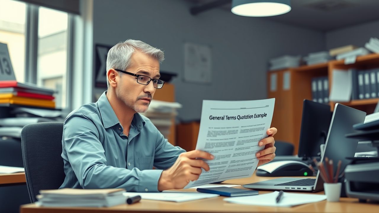 De man zit aan een rommelig bureau en bekijkt een document.