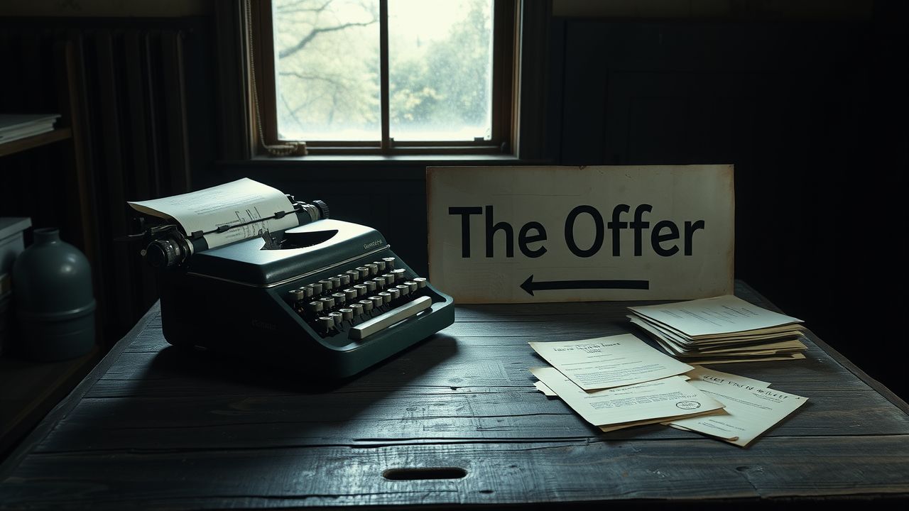 Een verweerd bureau met een vintage typemachine en rommelige stapel papieren.