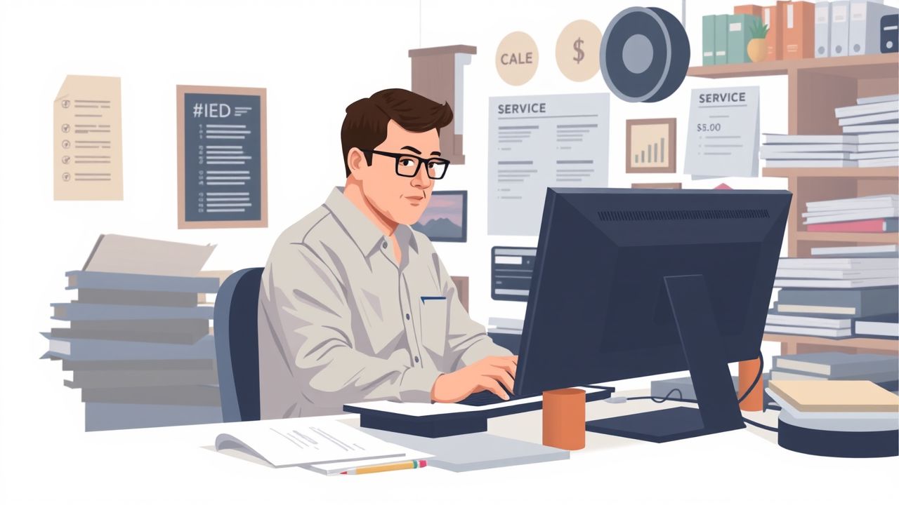 Een kleine ondernemer die hard werkt aan het organiseren van zijn bedrijf.