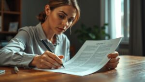 Een zakenvrouw bekijkt aandachtig een contract op haar bureau.