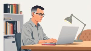 Een man werkt geconcentreerd aan zijn bureau in een huiselijk kantoor.