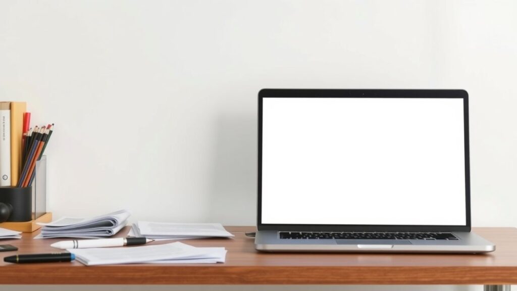 Een rommelig bureau met open laptop en papieren.