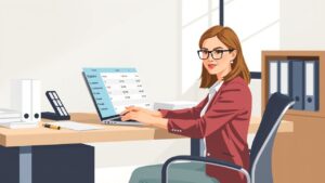 Een zakenvrouw in een modern kantoor bekijkt offertes op haar laptop.