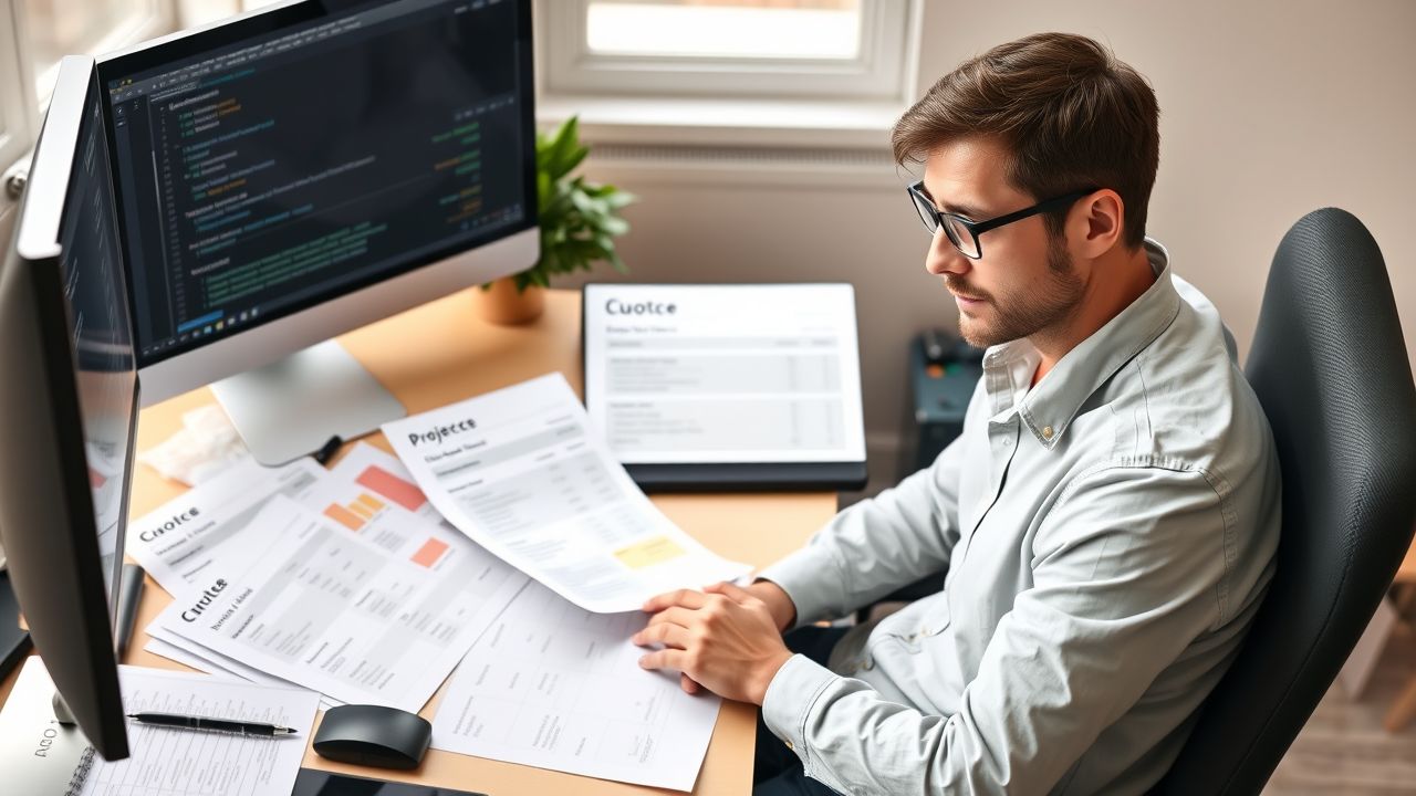 Een freelancer werkt geconcentreerd aan een gedetailleerd offertedocument in zijn kantoor. Een freelancer werkt geconcentreerd aan een gedetailleerd offertedocument in zijn kantoor.