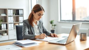 Een zakenvrouw ondertekent een contract en bekijkt een voorstel op haar laptop.