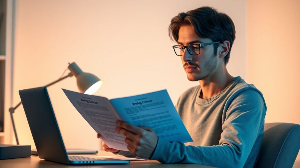 Een persoon bestudeert aandachtig een contract in een huiselijk kantoor.