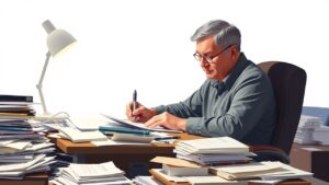 Een rommelig bureau waar een persoon in het Nederlands betalingsvoorwaarden opschrijft.