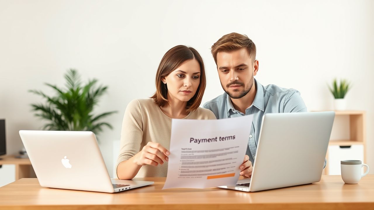 Een man en een vrouw werken samen aan het controleren van een contract in hun thuiskantoor.