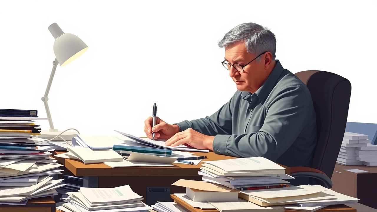 Een rommelig bureau waar een persoon in het Nederlands betalingsvoorwaarden opschrijft.