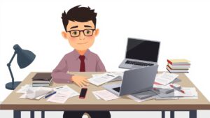 Een rommelig kantoor met verspreide documenten en een laptop.