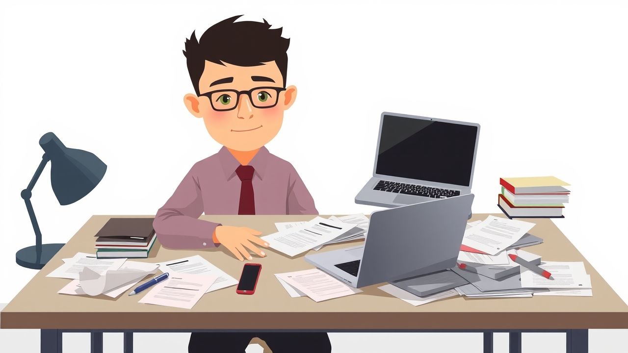 Een rommelig kantoor met verspreide documenten en een laptop.