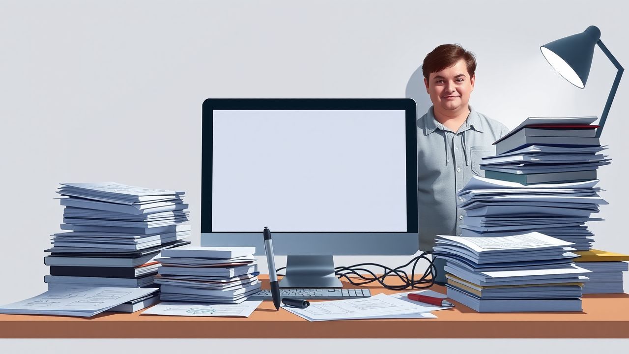 Een rommelig bureau met een lege computer en stapels papieren. Een rommelig bureau met een lege computer en stapels papieren.