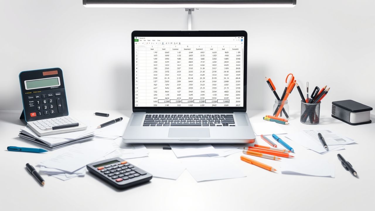 Een rommelig bureau met paperassen, laptop en pennen. Een rommelig bureau met paperassen, laptop en pennen.