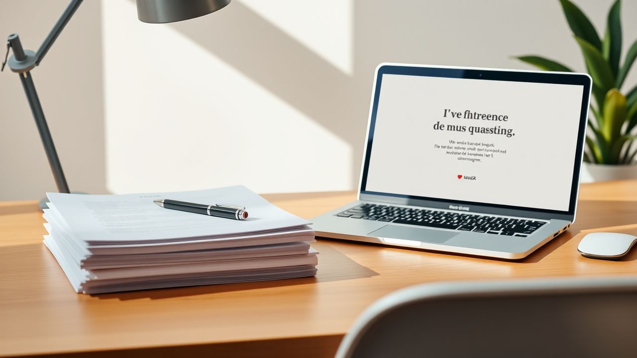 Een opgeruimde werkplek met Franse zakelijke documenten en een moderne laptop. Een opgeruimde werkplek met Franse zakelijke documenten en een moderne laptop.