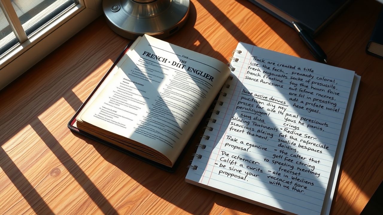 Een open Frans-Engels woordenboek en notitieblok met aantekeningen over zakelijke voorstellen.