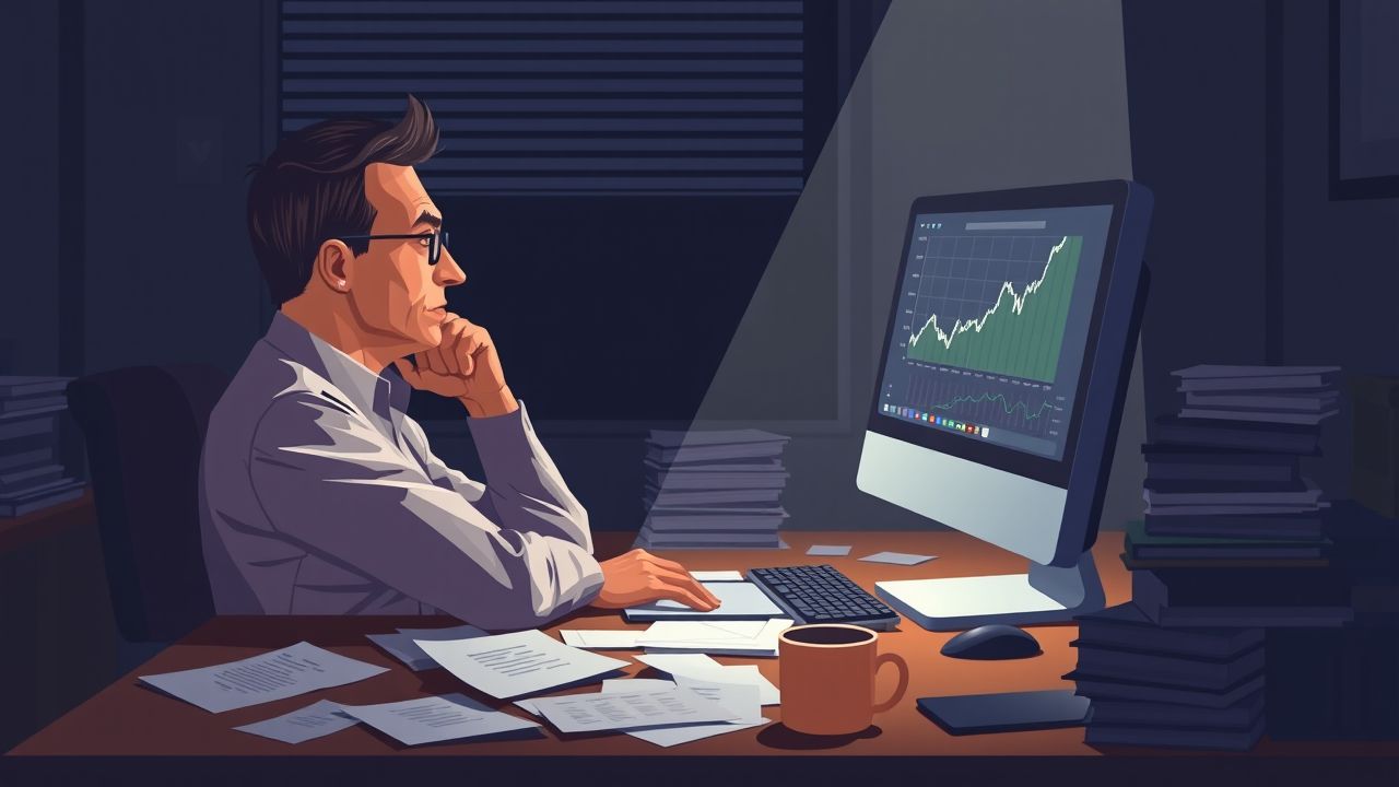 De man in het kantoor kijkt gefrustreerd naar financiële verliezen op het computerscherm. De man in het kantoor kijkt gefrustreerd naar financiële verliezen op het computerscherm.