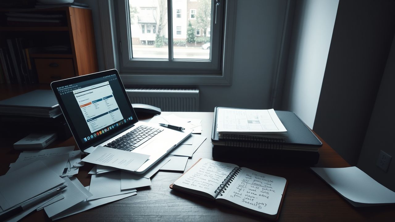 Een rommelig kantoor met een bureau vol papieren, een open laptop en notitieblok.
