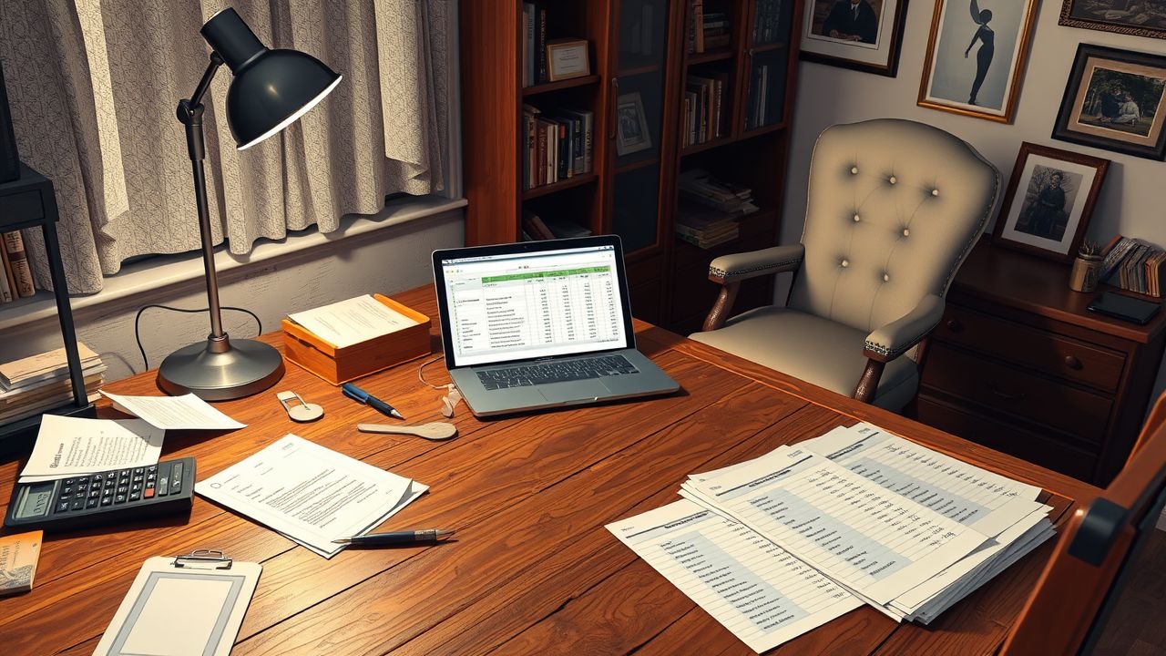 Een rommelig vintage thuiskantoor met een open laptop en papierwerk op een houten bureau.