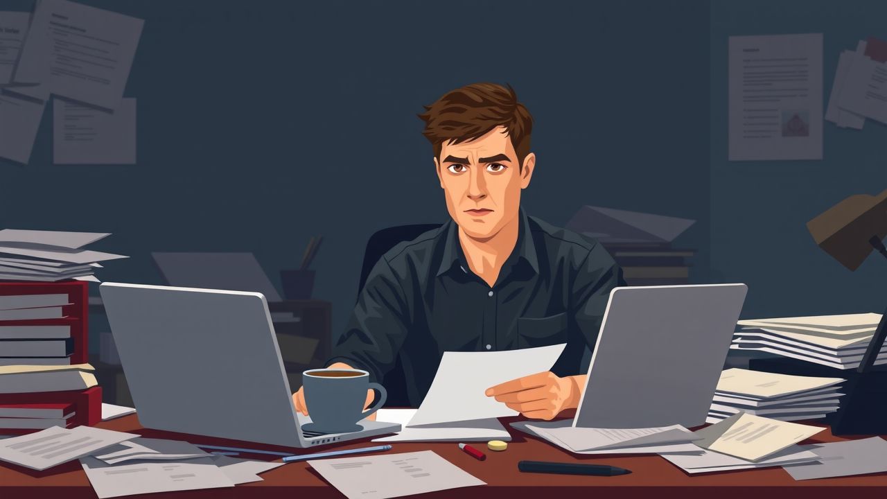 Een man zit geconcentreerd te werken aan zijn drukke bureau.