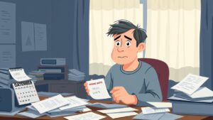 Een verwarde persoon zit aan een rommelig bureau met een verlopen offerte.