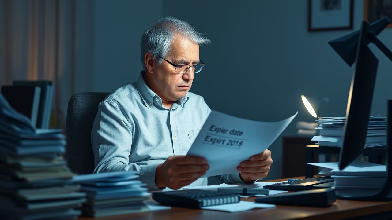 Een oudere man zit aan een rommelig bureau, controleert een vervaldatum.