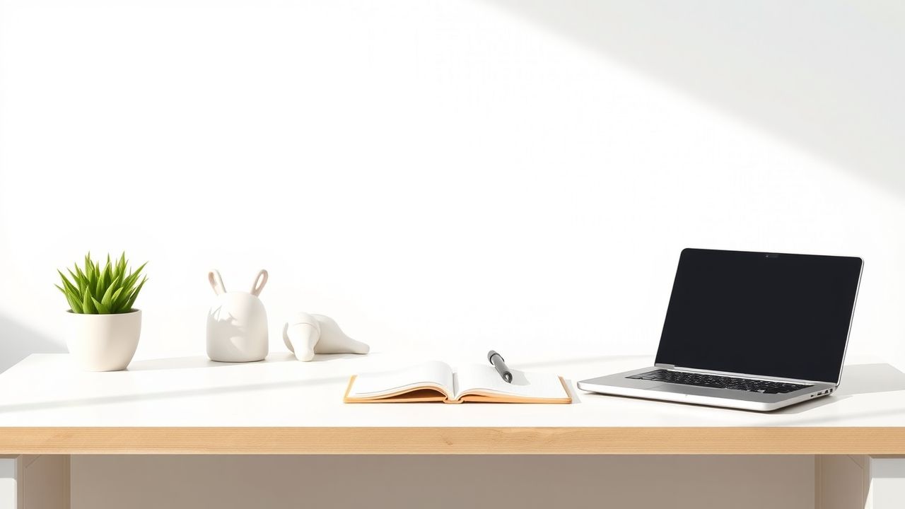 Een opgeruimde werkplek met laptop, notitieboek en pen.