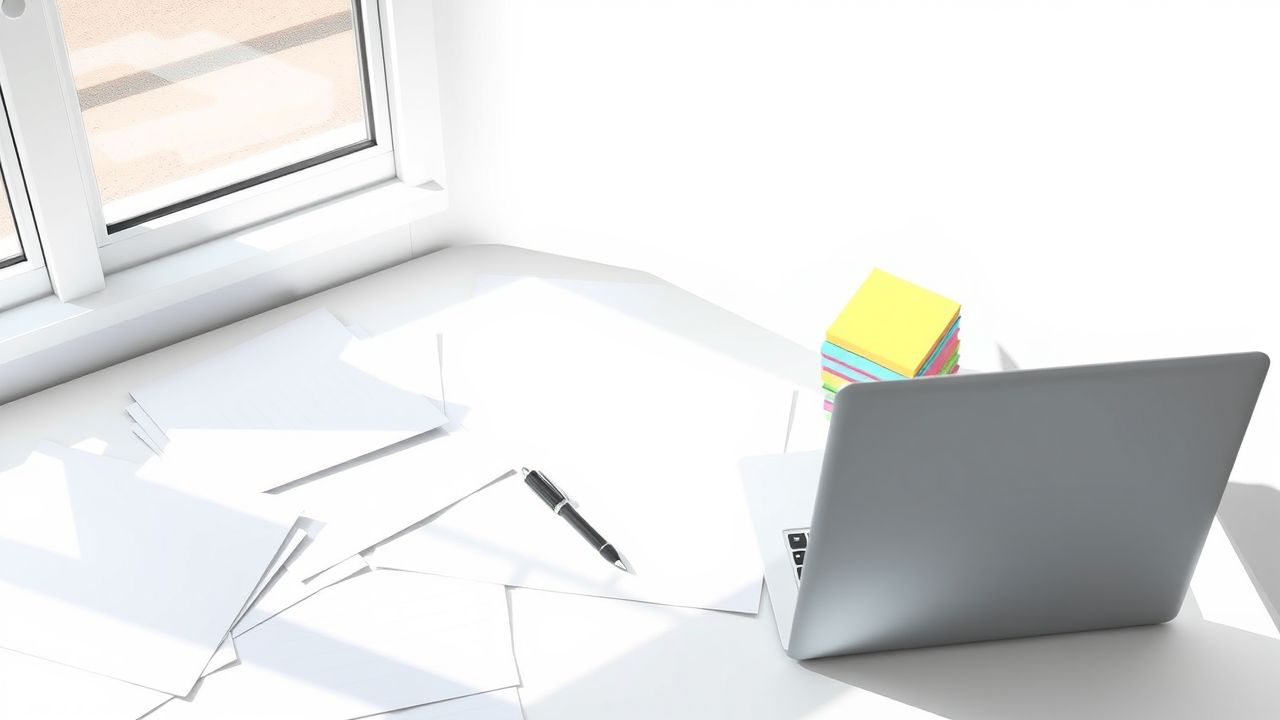 Een rommelig bureau met open laptop, papieren en notities.