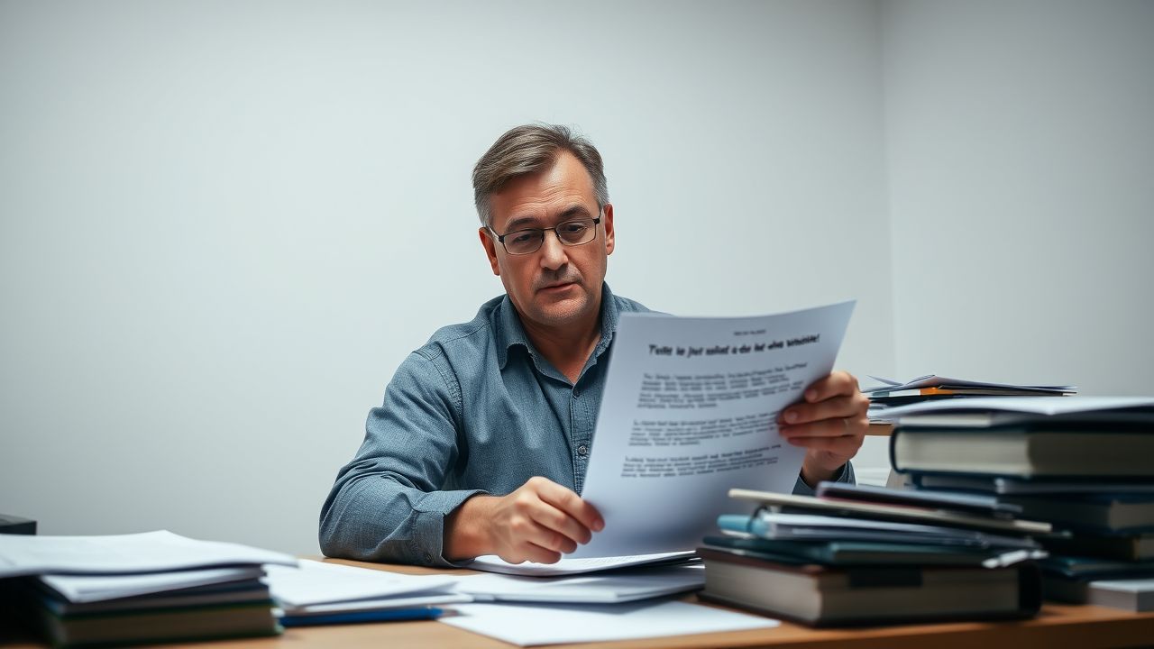 Een persoon zit aan een rommelig bureau en organiseert documenten in het Nederlands. Een persoon zit aan een rommelig bureau en organiseert documenten in het Nederlands.