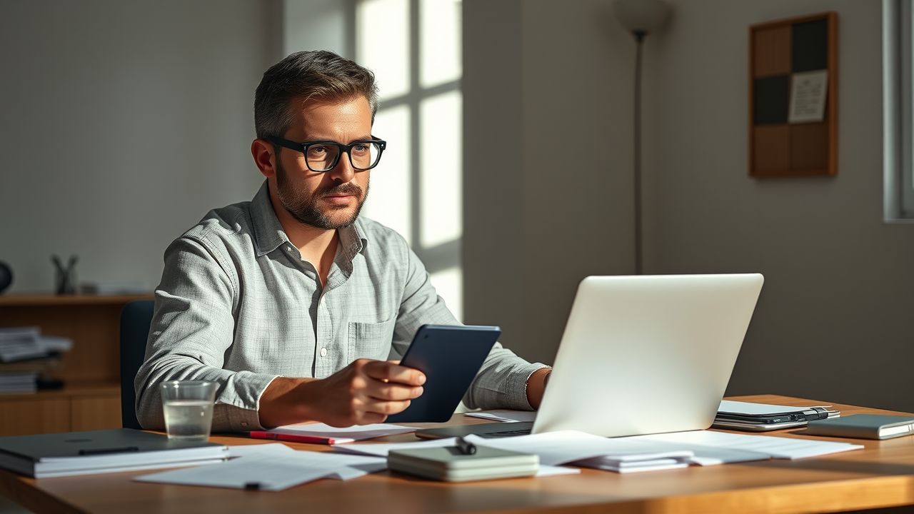 Een man van in de dertig werkt geconcentreerd aan een zakelijk voorstel op zijn laptop.