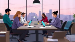 Zakelijke professionals werken samen in modern kantoor, bespreken voorstellen.