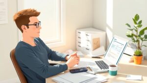 Een freelancer werkt aan een schatting op hun rommelige bureau.