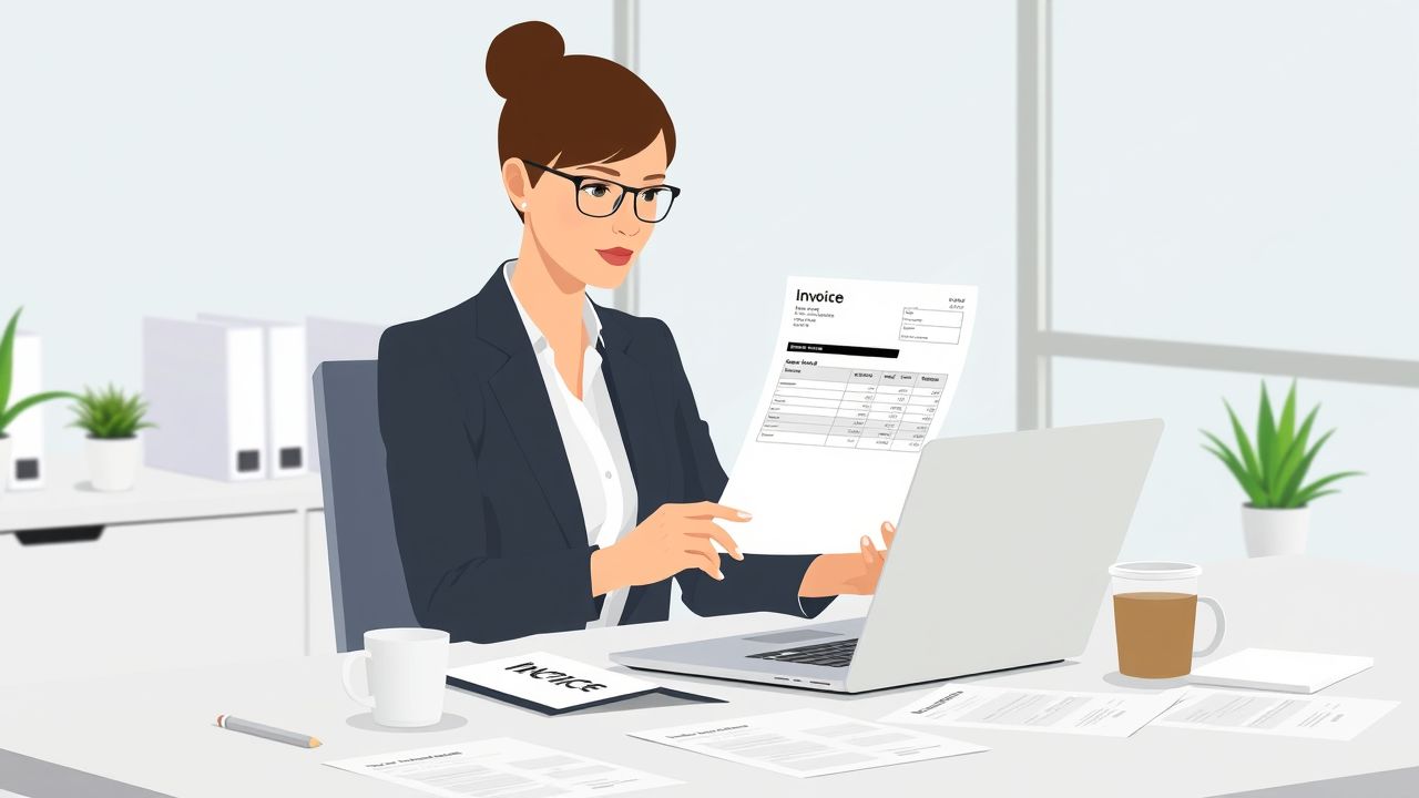 Een zakenvrouw bestudeert een pro forma factuur op haar laptop in een modern kantoor. Een zakenvrouw bestudeert een pro forma factuur op haar laptop in een modern kantoor.