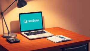 Een houten bureau met Rabobank laptop, calculator, pen en notitieboekje.