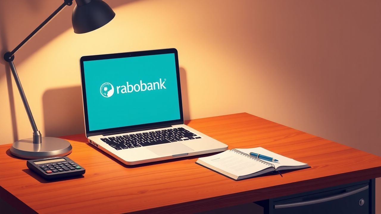Een houten bureau met Rabobank laptop, calculator, pen en notitieboekje.